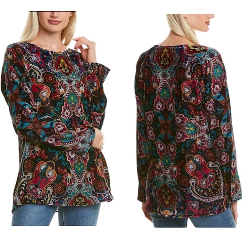 Johnny Was Frye Raglan Velvet Tunic XL Multi Color Silk Blend Paisley Blouse EUC